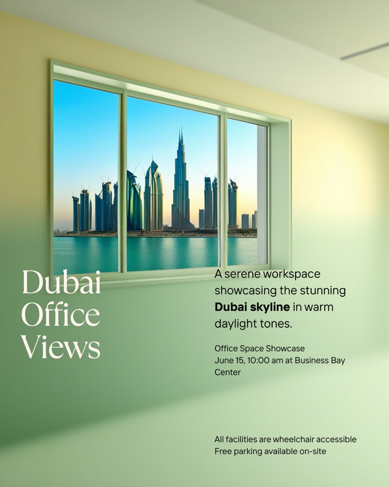 Modern Dubai office with skyline view